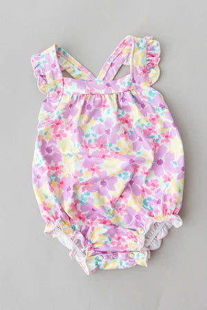 Summer Watercolor Ruffle Cross Back Romper (6-12 Months)